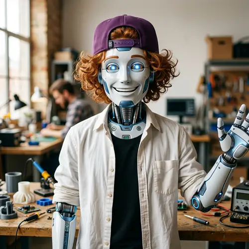 Friendly Male AI Robot with Purple Snapback Hat - Approachable Stylish Design