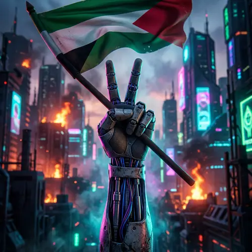 Cyborg Fist Flag: Unity & Hope in Futuristic Cityscape