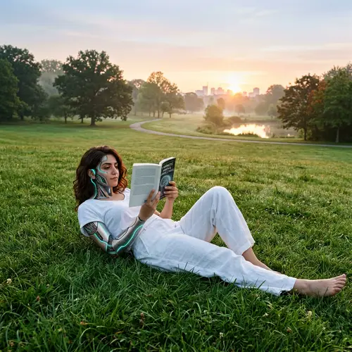 Futuristic Middle-Eastern Woman Reading Book in Park