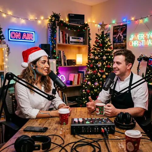 Confident 24-Year-Old Middle Eastern Woman Embracing Futuristic Aesthetics in Christmas Podcast Scene