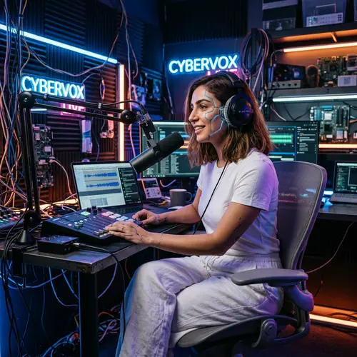 Futuristic Middle Eastern Woman Podcasting in Cybernetic Universe