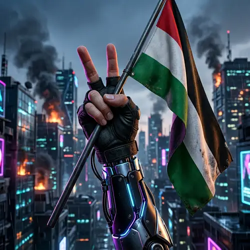 Futuristic Half-Human Half-Robot Fist Making Peace Sign Flag Design