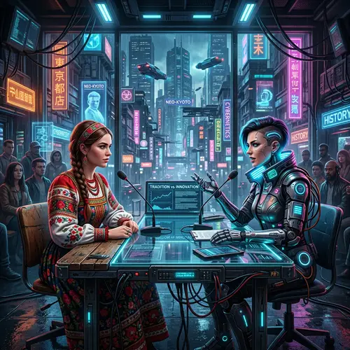 Cyberpunk-Style Image: Past vs Future Negotiation at Debate Table