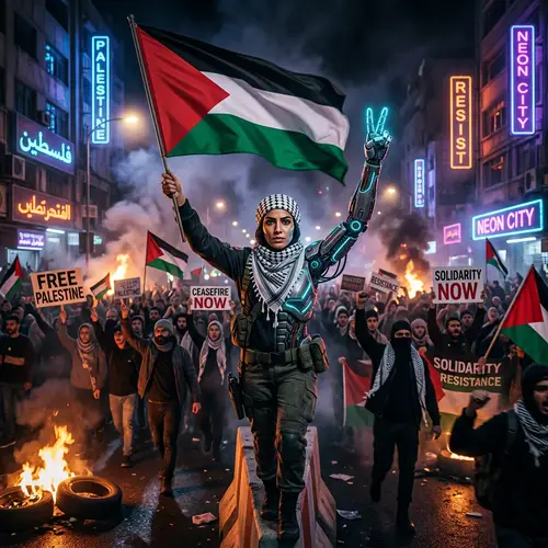 Palestinian Peace Ambassador in Futuristic Protest Scene