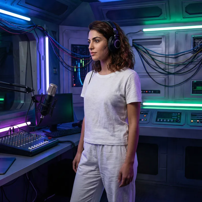 Futuristic Middle-Eastern Woman in High-Tech Podcast Studio