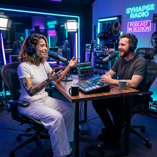 Futuristic Half-Robot Woman Podcasts in Neon Office Setting