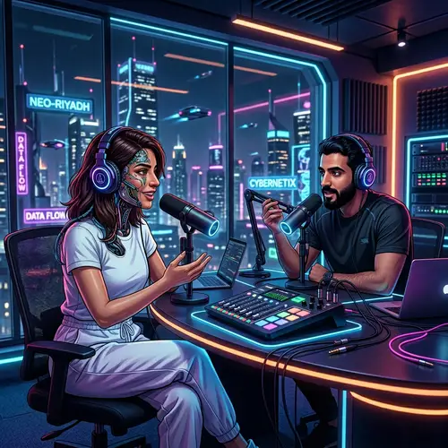 Futuristic Middle Eastern Woman with Cybernetic Features in Office Setting