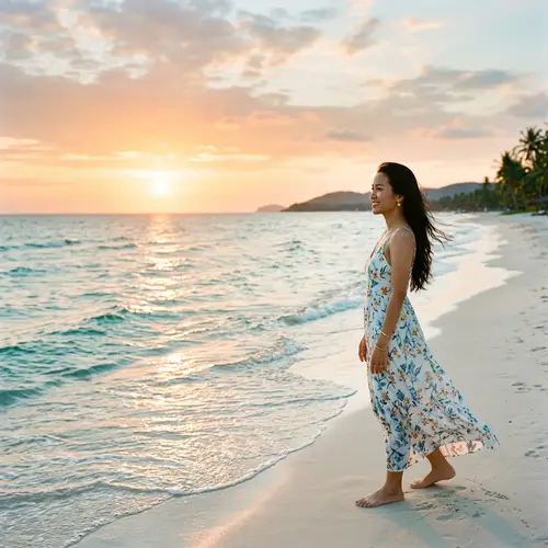 Tranquil Vietnamese Beach Sunset View | Ocean, Sky, Woman in Dress