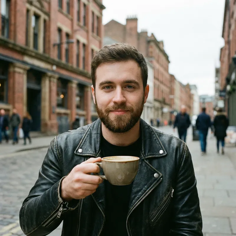 Young Man in Black Leather Jacket with Coffee