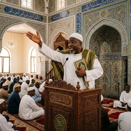Passionate African Imam Preaching in Traditional Attire