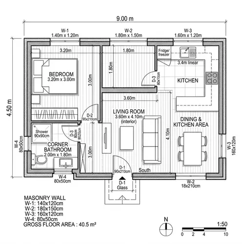 9x4.5 Meter House Plan with Corner Bathroom