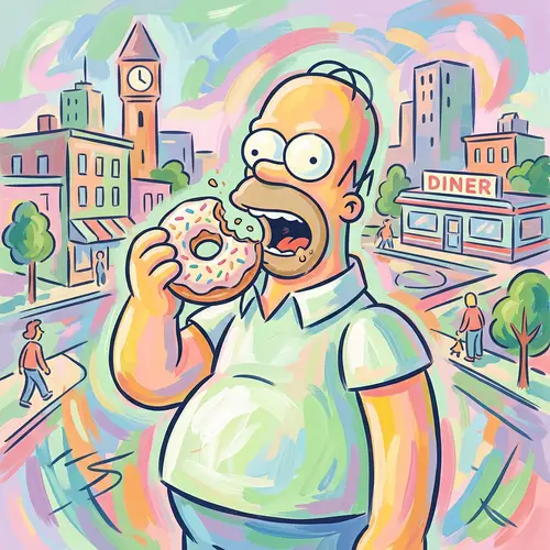 Colorful Animated Character Enjoying Donut in Pastel Springfield Cityscape