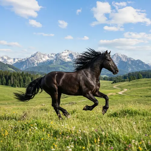 Black Stallion Galloping in a Green Field | Majestic Mountain View