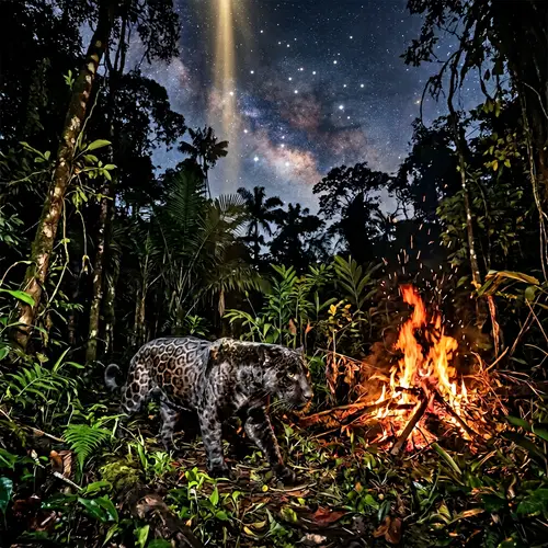 Muscular Jaguar Prowling Through Jungle Amid Fiery Flames and Sagittarius Constellation