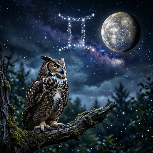 Majestic Owl in Gemini Night Sky | Cosmic Wildlife Scene