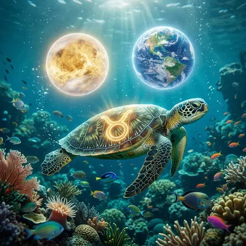 Vibrant Green Turtle with Taurus Symbol and Venus Planet