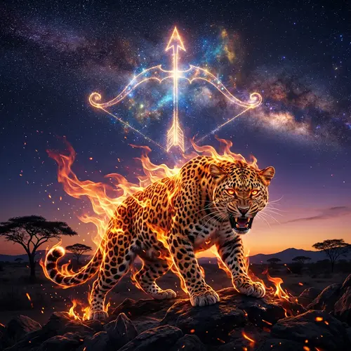Fierce Leopard in Fire Element with Sagittarius Symbol