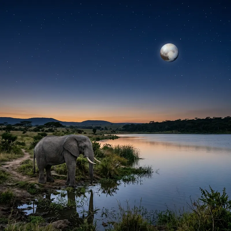 Majestic Elephant near Serene Water with Planet Pluto Views