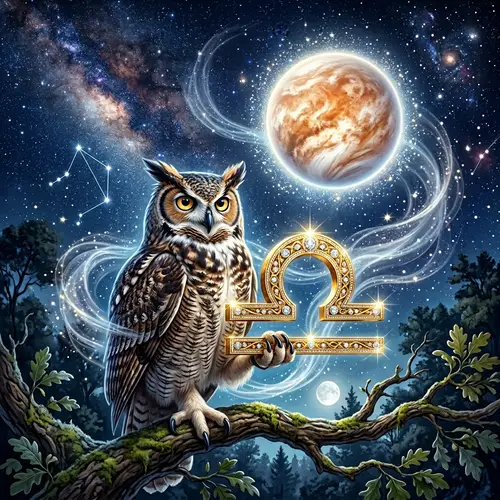 Owl Symbolizing Wisdom Holding Libra Astrological Symbol