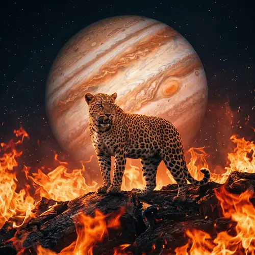 Leopard in Flames with Jupiter: Intense Scene of Power and Majesty