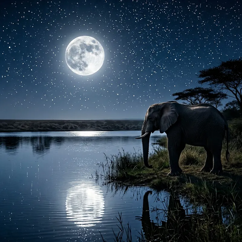 Majestic Elephant by Tranquil Moonlit Water