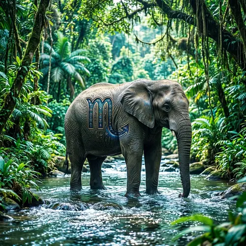 Tranquil Elephant with Scorpio Symbol - Strength and Intensity