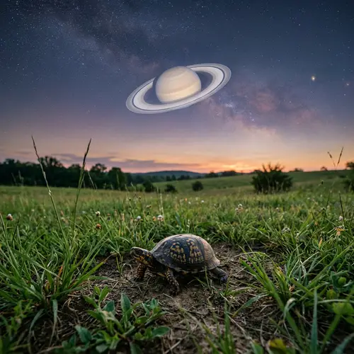 Solitary Turtle in Serene Grass Landscape with Saturn