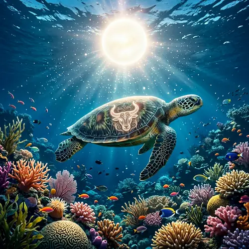 Taurus Zodiac Symbol on Turtle: Tranquil Venus Scene