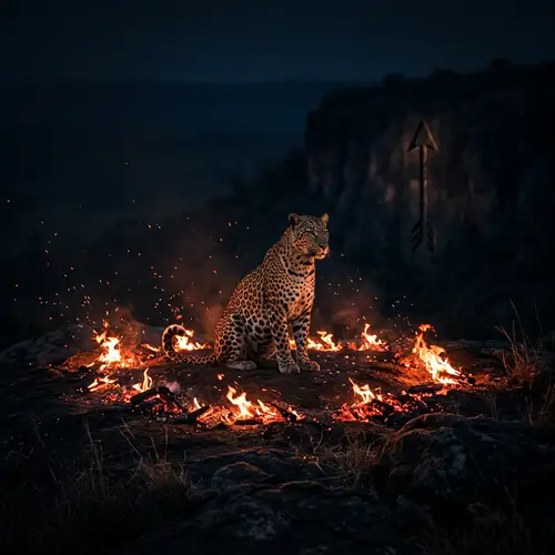 Vivid Scene: Leopard Amid Ring of Fire and Distant Arrow