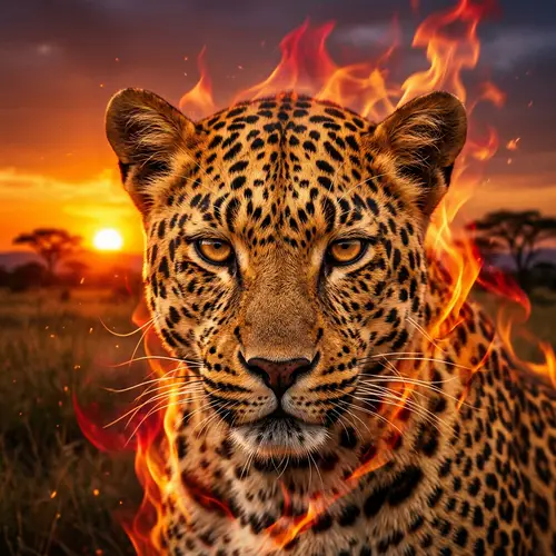 Intense Leopard Portrait Surrounded by Flames and Sunset