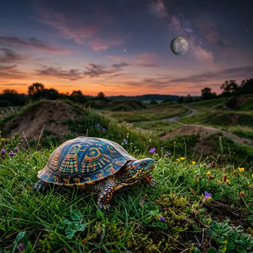 Vividly Colored Turtle on Lush Green Grass with Mercury in Background