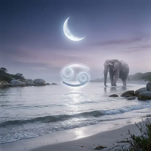 Cancer Astrological Symbol Over Water with Moon and Elephant