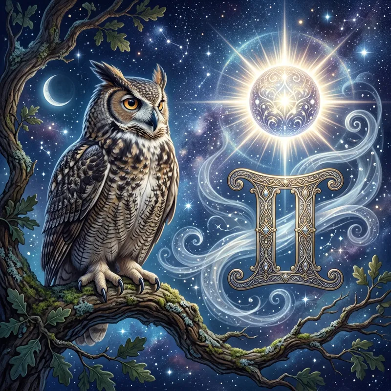 Majestic Owl Art with Gemini Symbol and Mercury