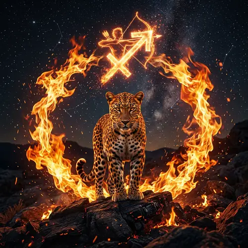 Dynamic Leopard in Flames with Sagittarius Symbol