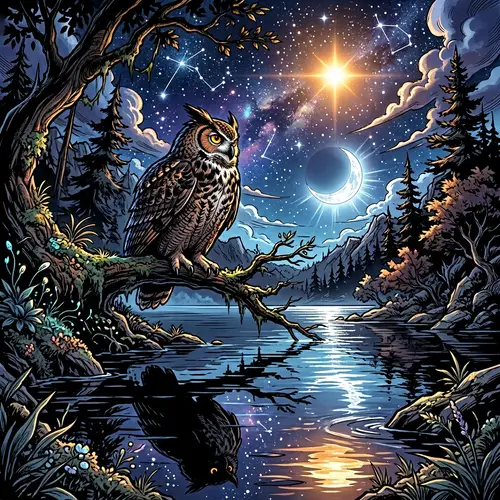 Owl perched over water with Venus - Naruto Style