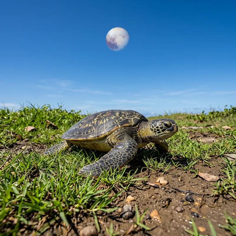 Green Turtle on Ground with Grass & Mud, Pluto in Sky - Terrestrial Life & Outer Space Fusion