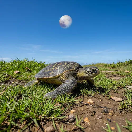 Green Turtle on Ground with Grass & Mud, Pluto in Sky