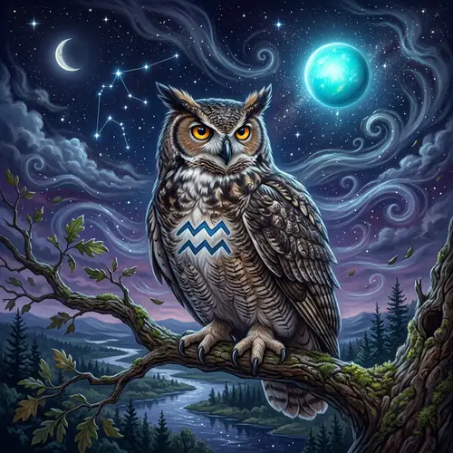 Majestic Owl with Aquarius Symbol and Uranus Planet
