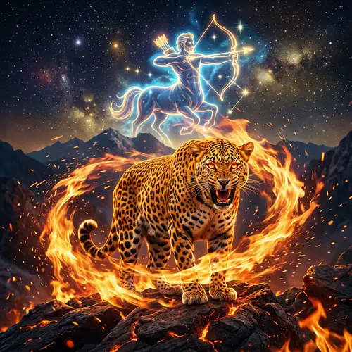 Fierce Leopard engulfed in Fire with Sagittarius Symbol