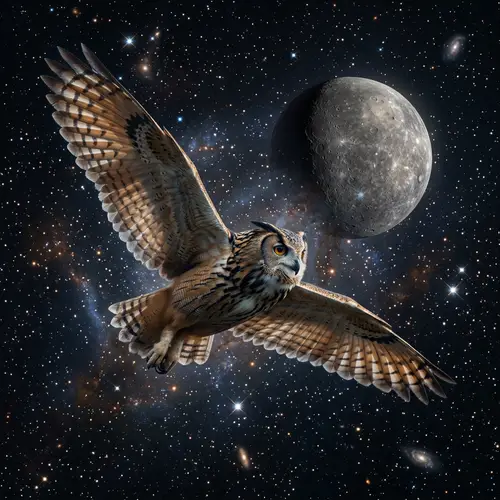 Graceful Owl Soaring Through Space with Mercury in Background
