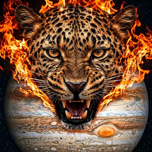 Menacing Leopard in Flames: Jupiter Cosmic Background