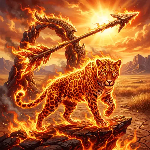 Majestic Fire Leopard with Sagittarius Arrow | Mystical Scene
