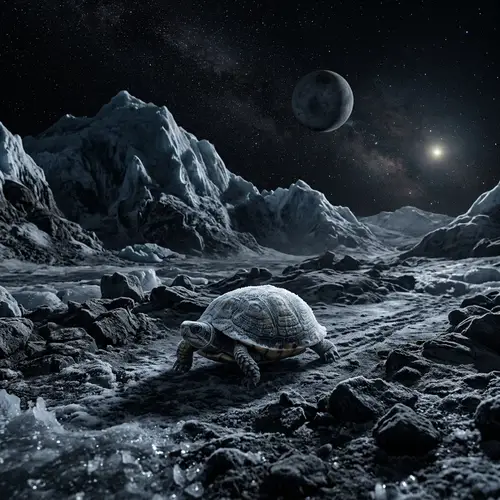 Curious Turtle Explores Pluto's Icy Terrain