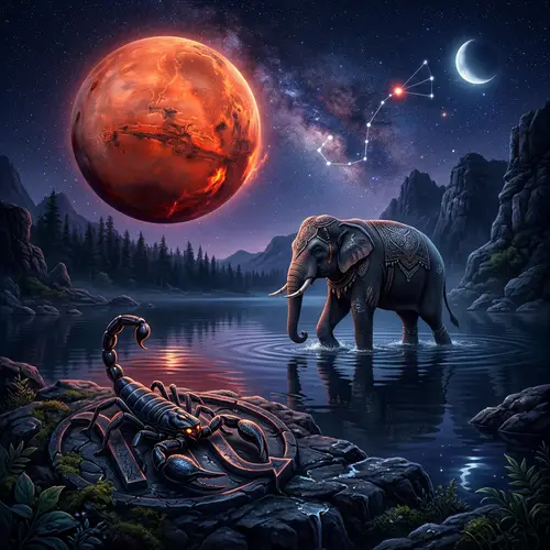 Scorpio Symbol, Mars Planet & Elephant in Tranquil Water