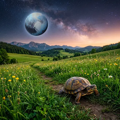 Majestic Turtle Crossing Grass Field with Pluto in Background