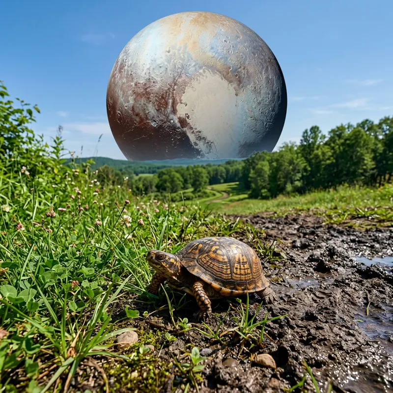 Humble Turtle in Natural Habitat on Ground with Grass and Mud, Pluto Sky View