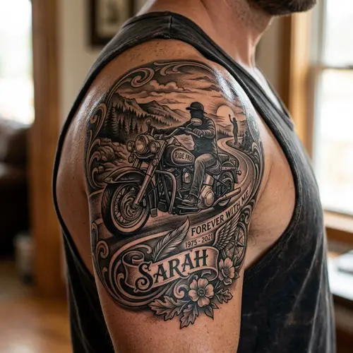 Heartfelt Motorcycle Tattoo Tribute on Shoulder