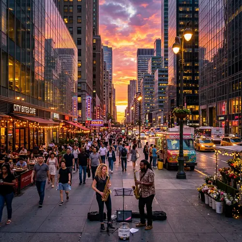 Vibrant Urban Sunset Cityscape | Diverse Street Life & Jazz Music