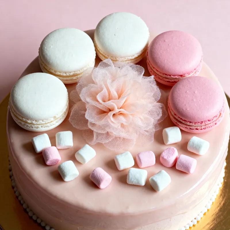 Stunning Cake with Macarons and Marshmallows