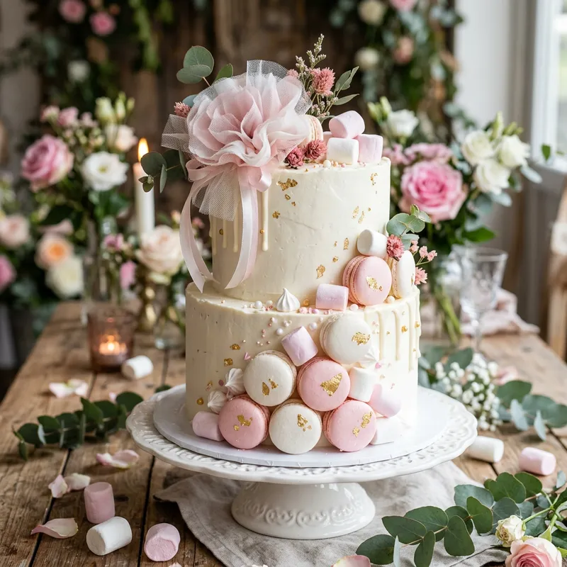 Stunning Cake with Macarons and Marshmallows